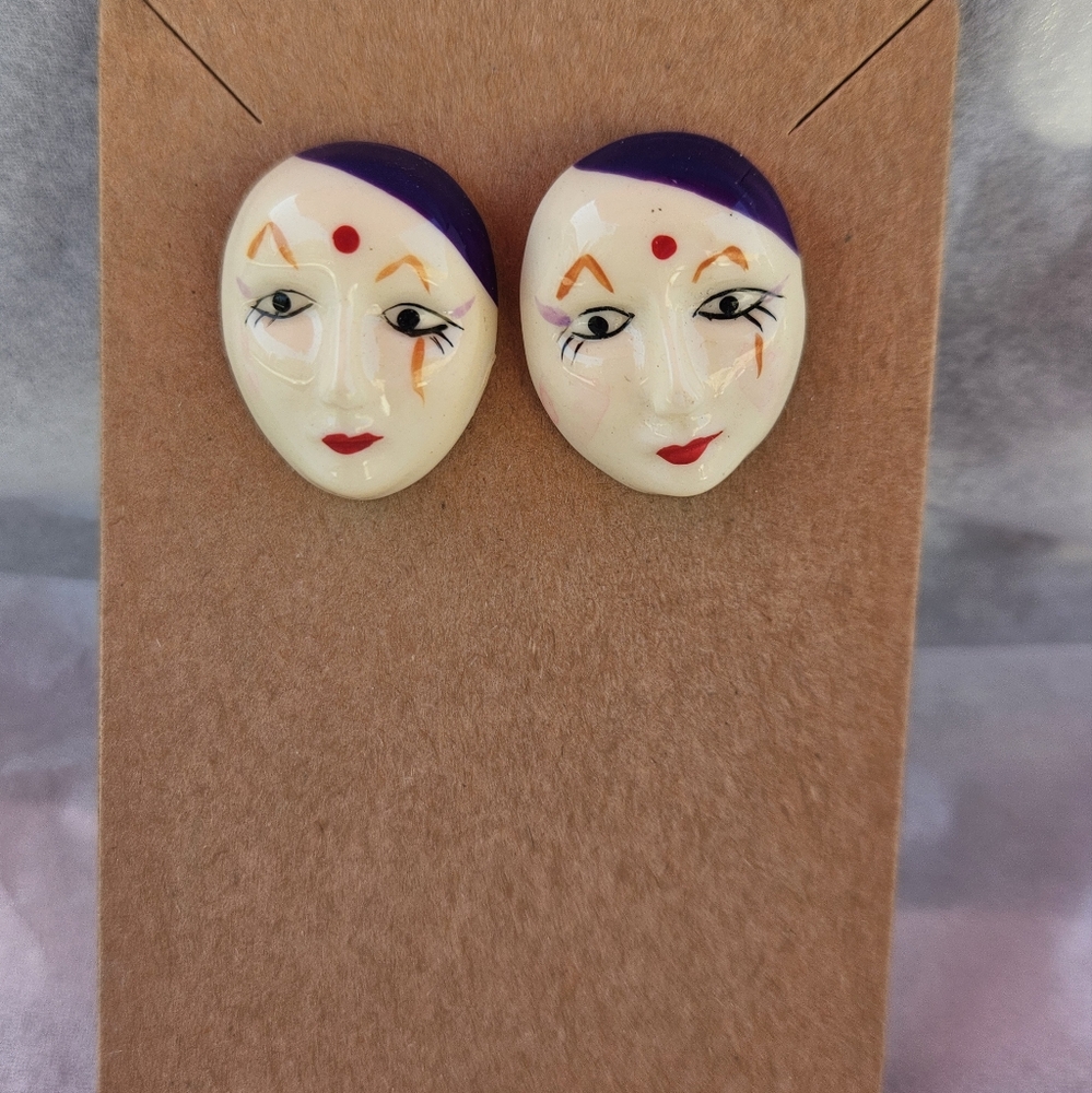 Handcrafted Face Earrings - Purple and Cream